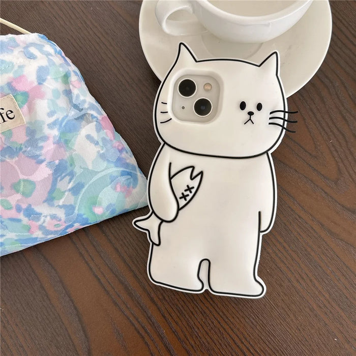 For iPhone 15 Silicone Case Cute White Cat Design Shockproof Phone Back Cover - 4