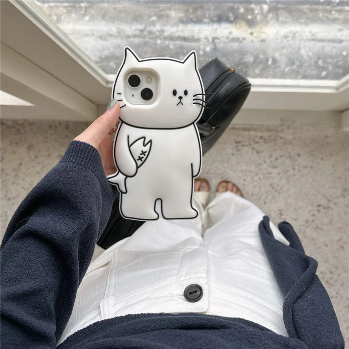 For iPhone 15 Silicone Case Cute White Cat Design Shockproof Phone Back Cover - 6
