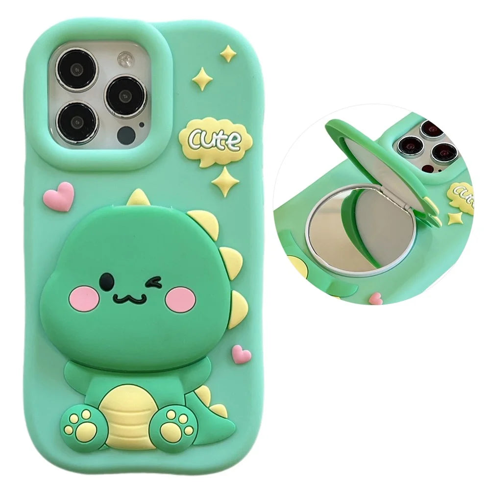 For iPhone 16 Pro Max Silicone Case Cute Dinosaur Mirror Design Shockproof Phone Back Cover - 1