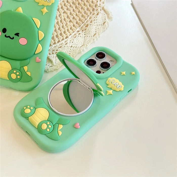 For iPhone 16 Pro Silicone Case Cute Dinosaur Mirror Design Shockproof Phone Back Cover - 3