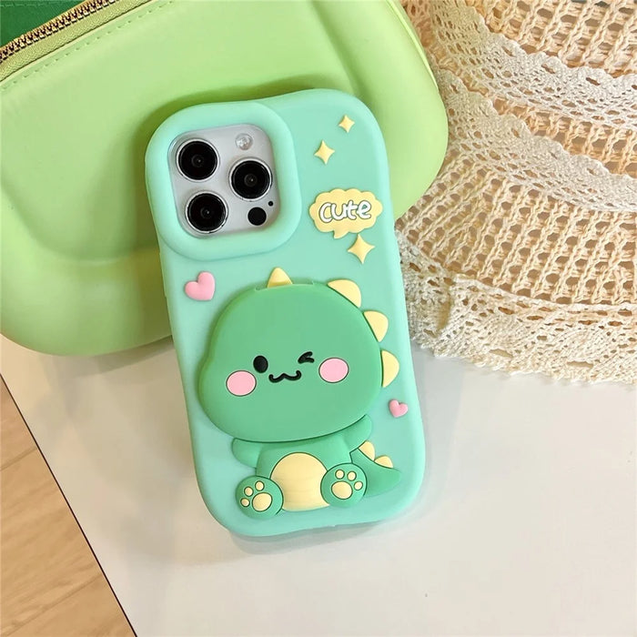 For iPhone 16 Pro Silicone Case Cute Dinosaur Mirror Design Shockproof Phone Back Cover - 5