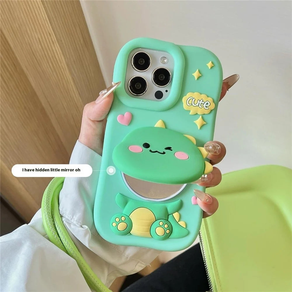 For iPhone 15 Pro Max Silicone Case Cute Dinosaur Mirror Design Shockproof Phone Back Cover - 2