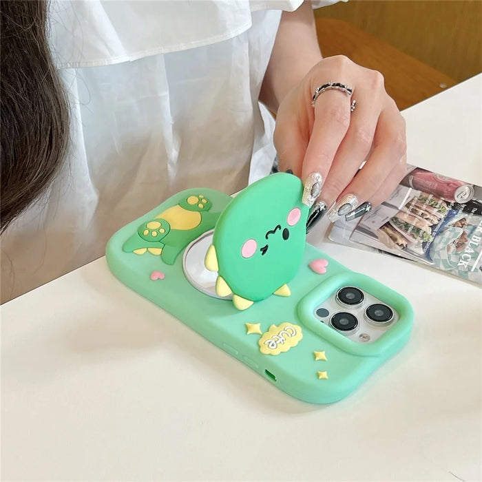 For iPhone 15 Pro Silicone Case Cute Dinosaur Mirror Design Shockproof Phone Back Cover - 4