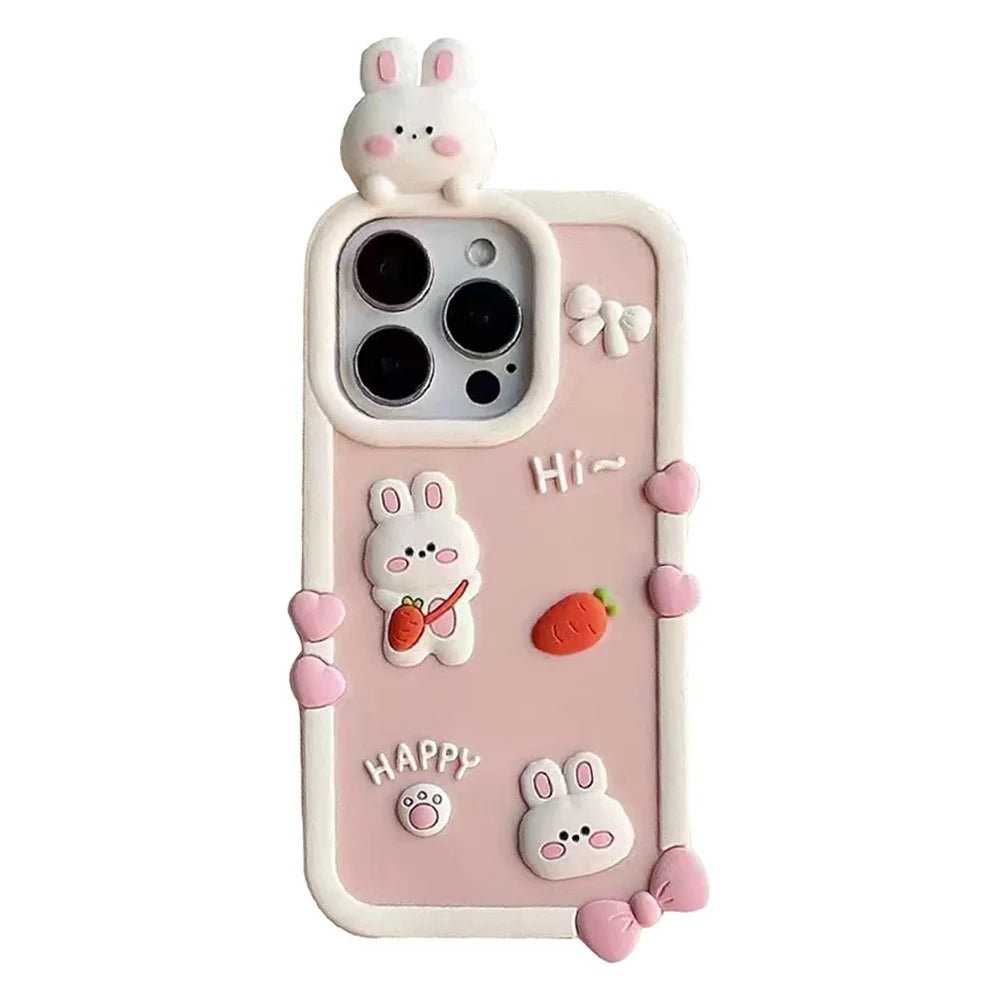 For iPhone 15 Pro Silicone Case Cute 3D Cartoon Carrot Rabbit Design Shockproof Phone Back Cover - 1