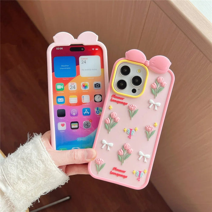 For iPhone 16 Pro Silicone Case Cute 3D Tulip Design Shockproof Phone Back Cover with Lanyard - 5