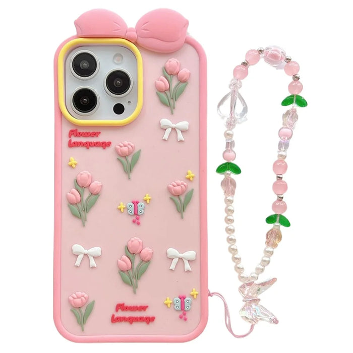 For iPhone 15 Pro Max Silicone Case Cute 3D Tulip Design Shockproof Phone Back Cover with Lanyard - 1
