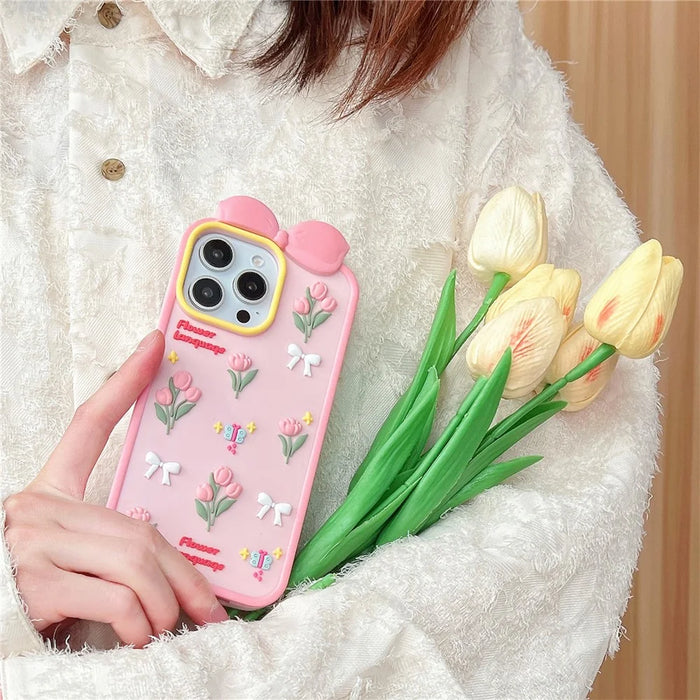 For iPhone 15 Pro Silicone Case Cute 3D Tulip Design Shockproof Phone Back Cover with Lanyard - 3