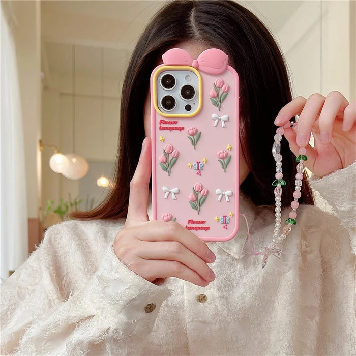 For iPhone 15 Pro Silicone Case Cute 3D Tulip Design Shockproof Phone Back Cover with Lanyard - 4