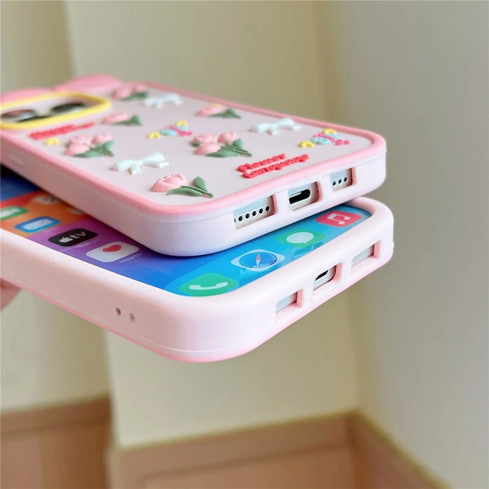 For iPhone 15 Pro Silicone Case Cute 3D Tulip Design Shockproof Phone Back Cover with Lanyard - 6