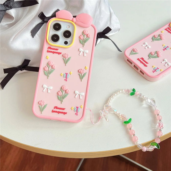 For iPhone 15 Pro Silicone Case Cute 3D Tulip Design Shockproof Phone Back Cover with Lanyard - 7