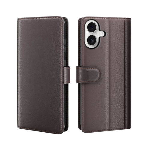 For iPhone 17 Case Genuine Split Leather Phone Cover with Wallet Stand - Brown - 1