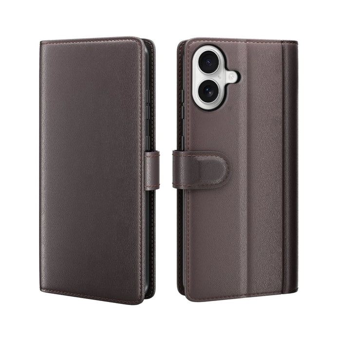 For iPhone 17 Case Genuine Split Leather Phone Cover with Wallet Stand - Brown - 1