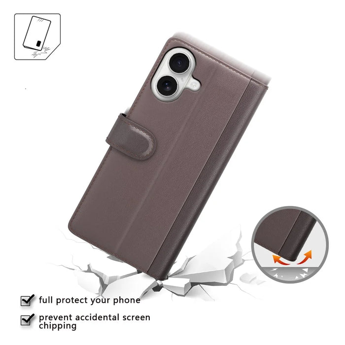 For iPhone 17 Case Genuine Split Leather Phone Cover with Wallet Stand - Brown - 2