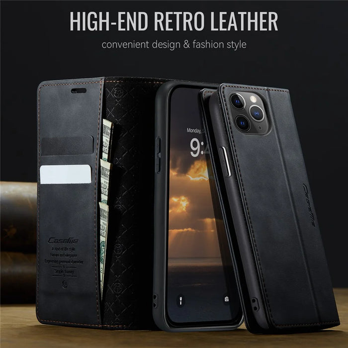 CASEME For iPhone 11 Pro Max Case  033 Series RFID Blocking Wallet Stand Calf Texture Leather Phone Cover - Black - 4