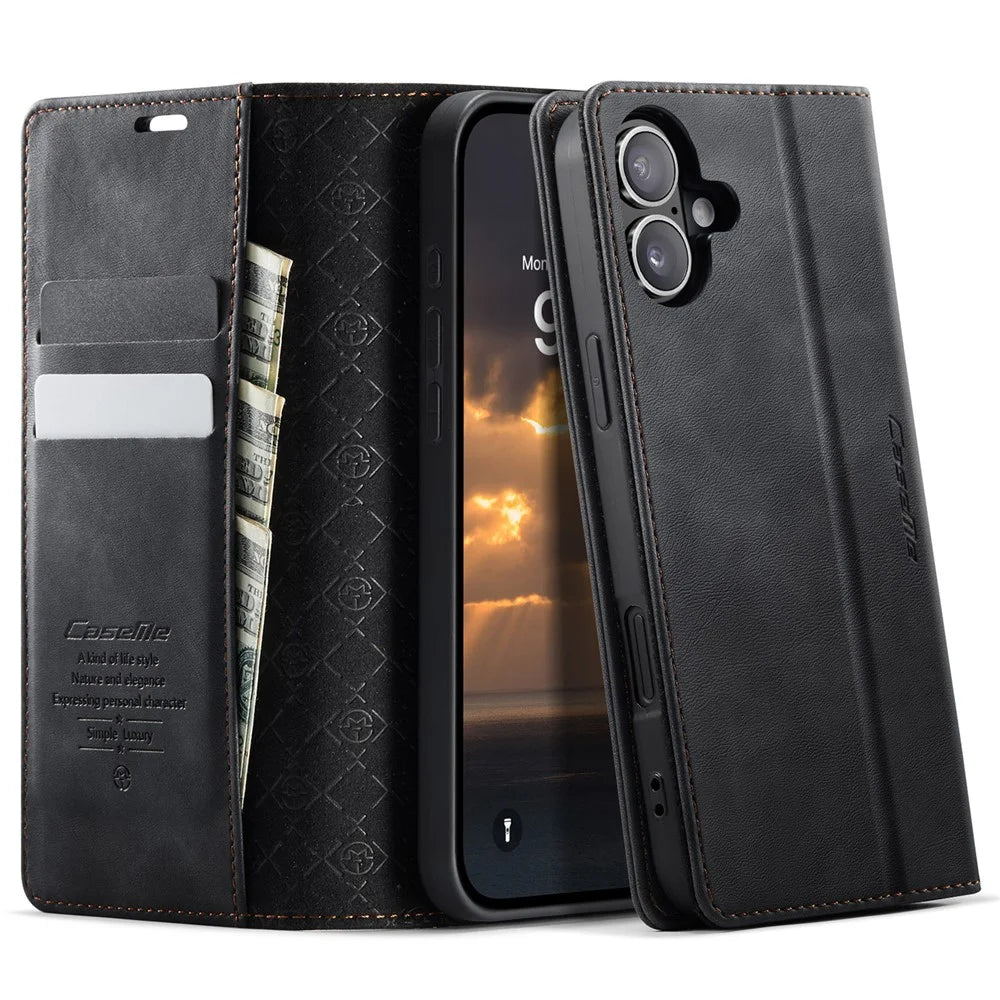 CASEME For iPhone 16 Plus Case  033 Series RFID Blocking Wallet Stand Calf Texture Leather Phone Cover - Black - 1