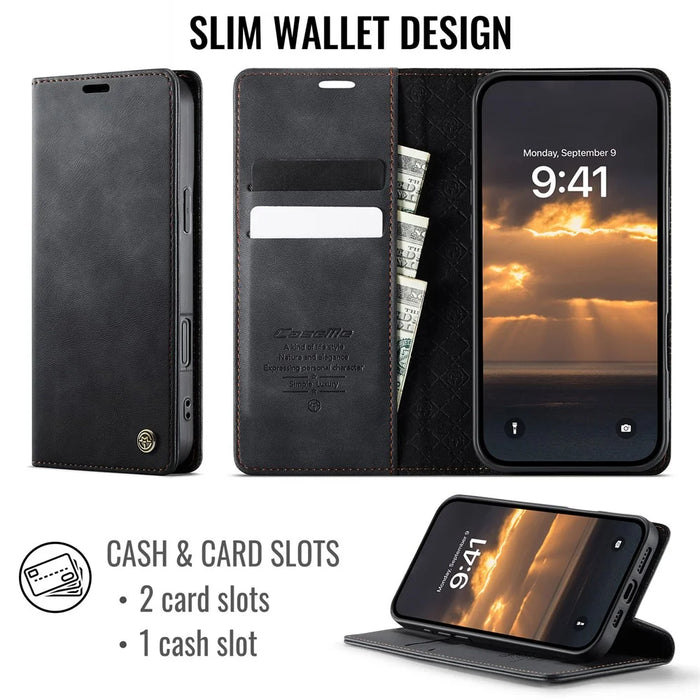 CASEME For iPhone 16 Plus Case  033 Series RFID Blocking Wallet Stand Calf Texture Leather Phone Cover - Black - 2