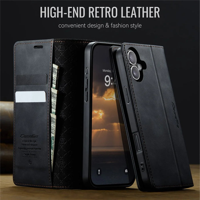 CASEME For iPhone 16 Plus Case  033 Series RFID Blocking Wallet Stand Calf Texture Leather Phone Cover - Black - 4