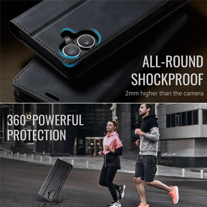 CASEME For iPhone 16 Plus Case  033 Series RFID Blocking Wallet Stand Calf Texture Leather Phone Cover - Black - 6