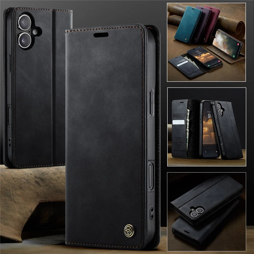 CASEME For iPhone 16 Plus Case  033 Series RFID Blocking Wallet Stand Calf Texture Leather Phone Cover - Black - 7