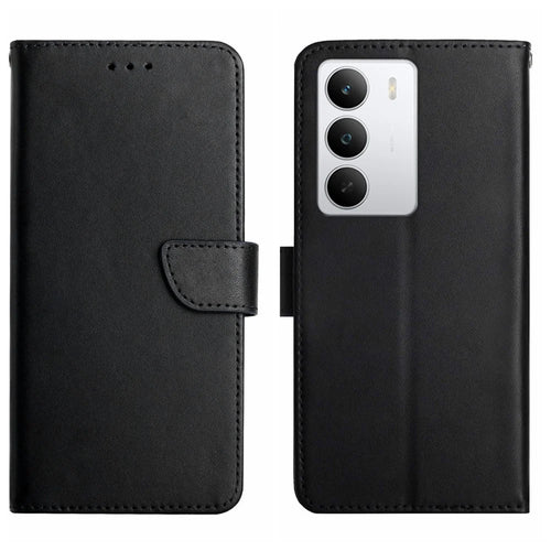 For Realme C75 5G  /  14x 5G Case Genuine Cow Leather Phone Cover Nappa Texture - Black - 1