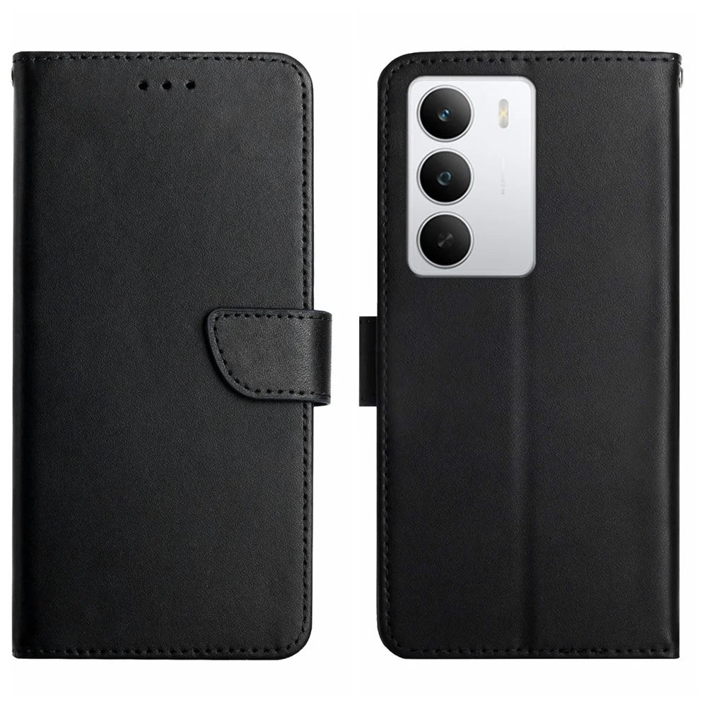 For Realme C75 5G  /  14x 5G Case Genuine Cow Leather Phone Cover Nappa Texture - Black - 1