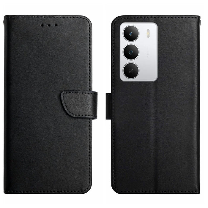 For Realme C75 5G  /  14x 5G Case Genuine Cow Leather Phone Cover Nappa Texture - Black - 1
