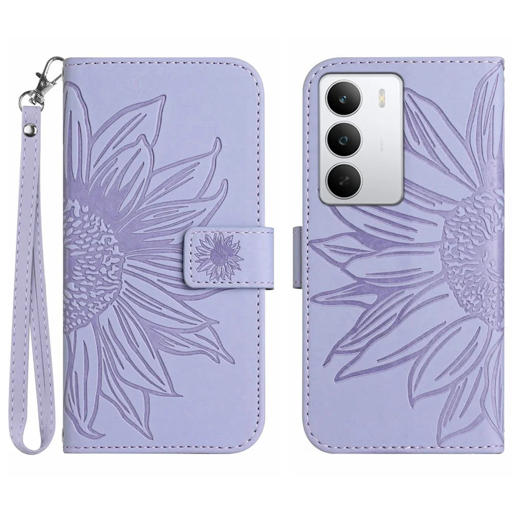 For Realme C75 5G  /  14x 5G Case Sunflower Imprint Leather Wallet Phone Cover with Wrist Strap - Light Purple - 1