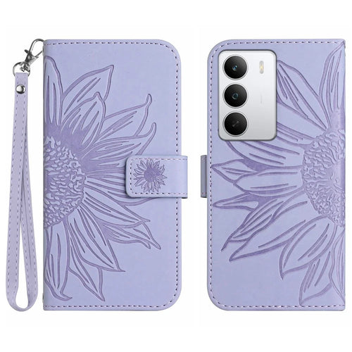 For Realme C75 5G  /  14x 5G Case Sunflower Imprint Leather Wallet Phone Cover with Wrist Strap - Light Purple - 1