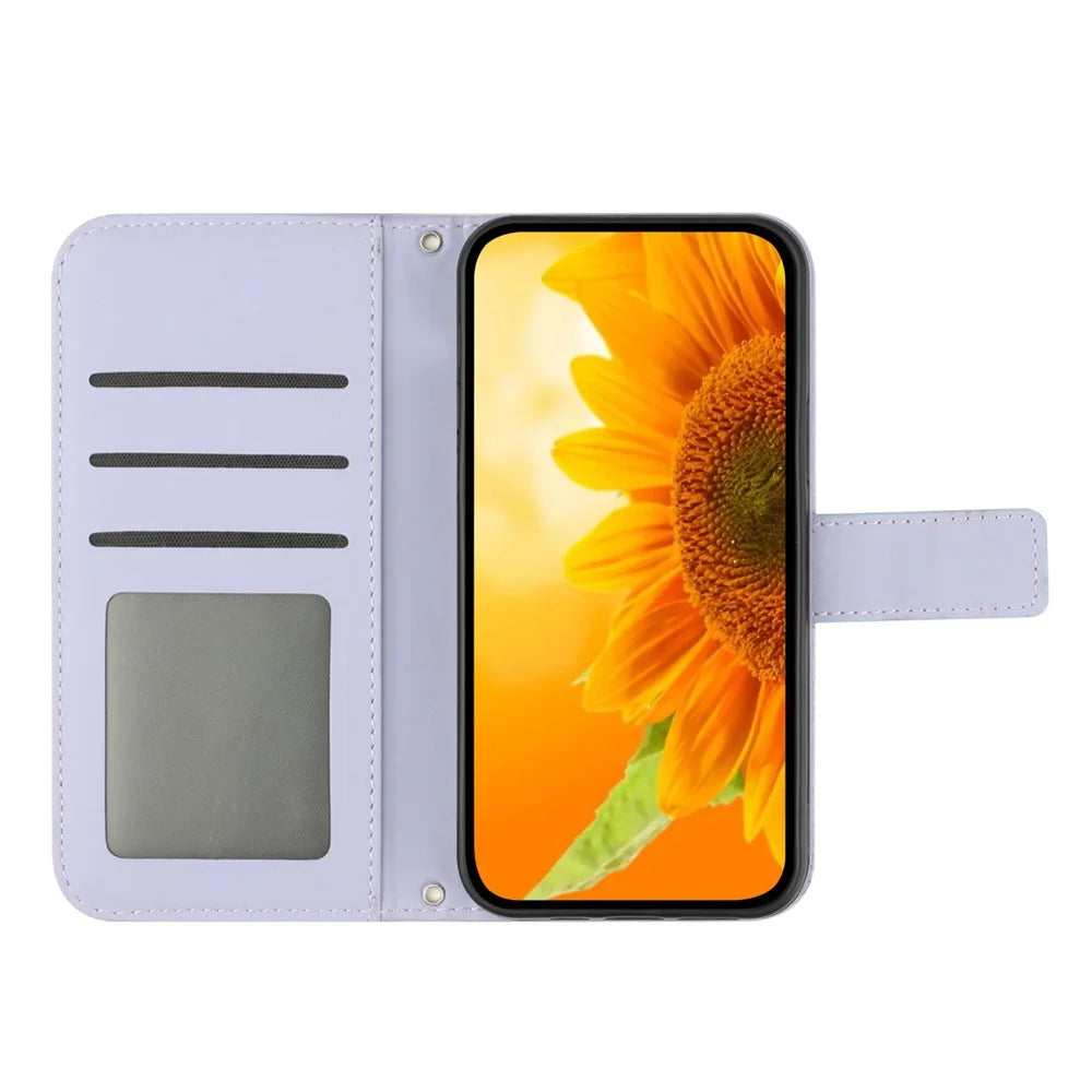 For Realme C75 5G  /  14x 5G Case Sunflower Imprint Leather Wallet Phone Cover with Wrist Strap - Light Purple - 2