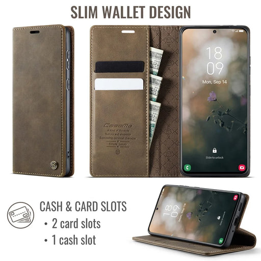 CASEME For Samsung Galaxy S21 5G Case  033 Series RFID Blocking Wallet Stand Calf Texture Leather Phone Cover - Coffee - 2