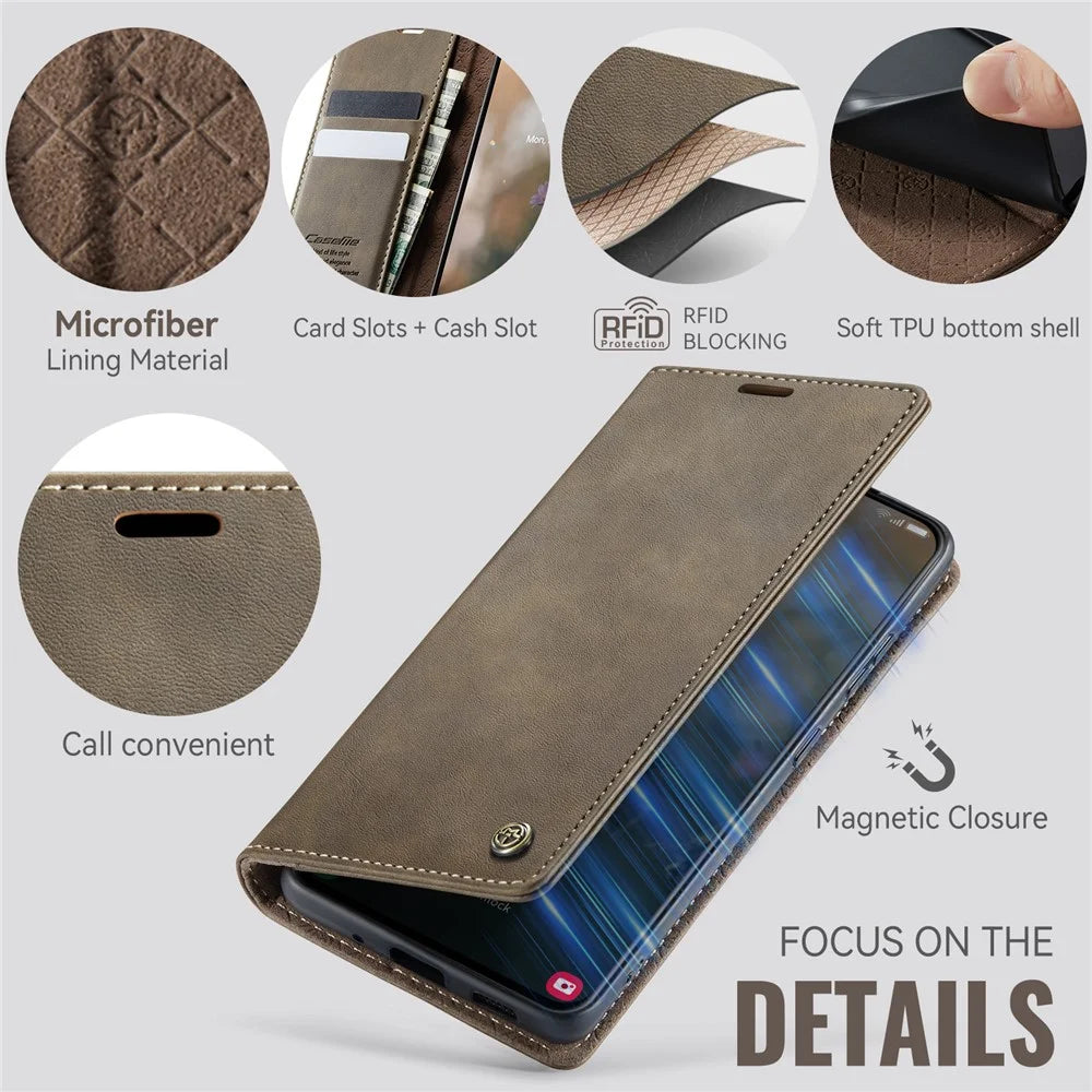 CASEME For Samsung Galaxy S21 5G Case  033 Series RFID Blocking Wallet Stand Calf Texture Leather Phone Cover - Coffee - 3