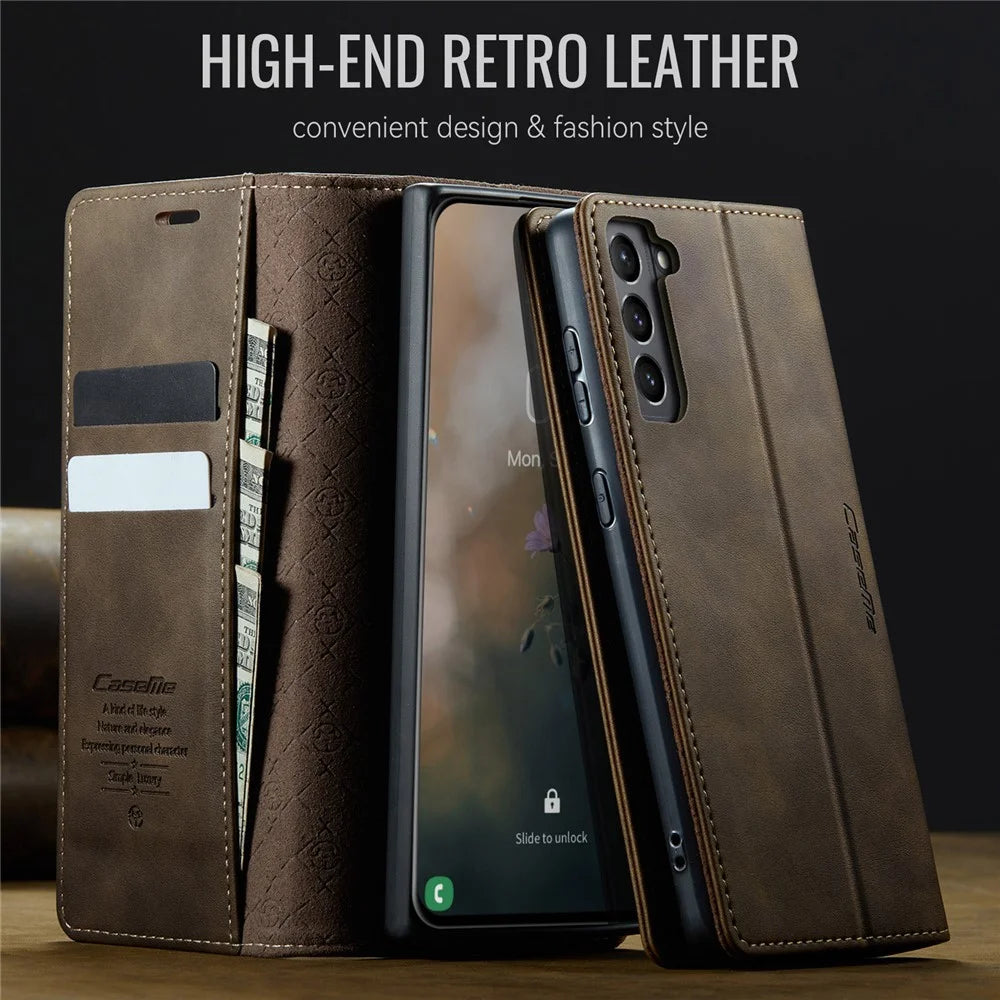 CASEME For Samsung Galaxy S21 5G Case  033 Series RFID Blocking Wallet Stand Calf Texture Leather Phone Cover - Coffee - 4