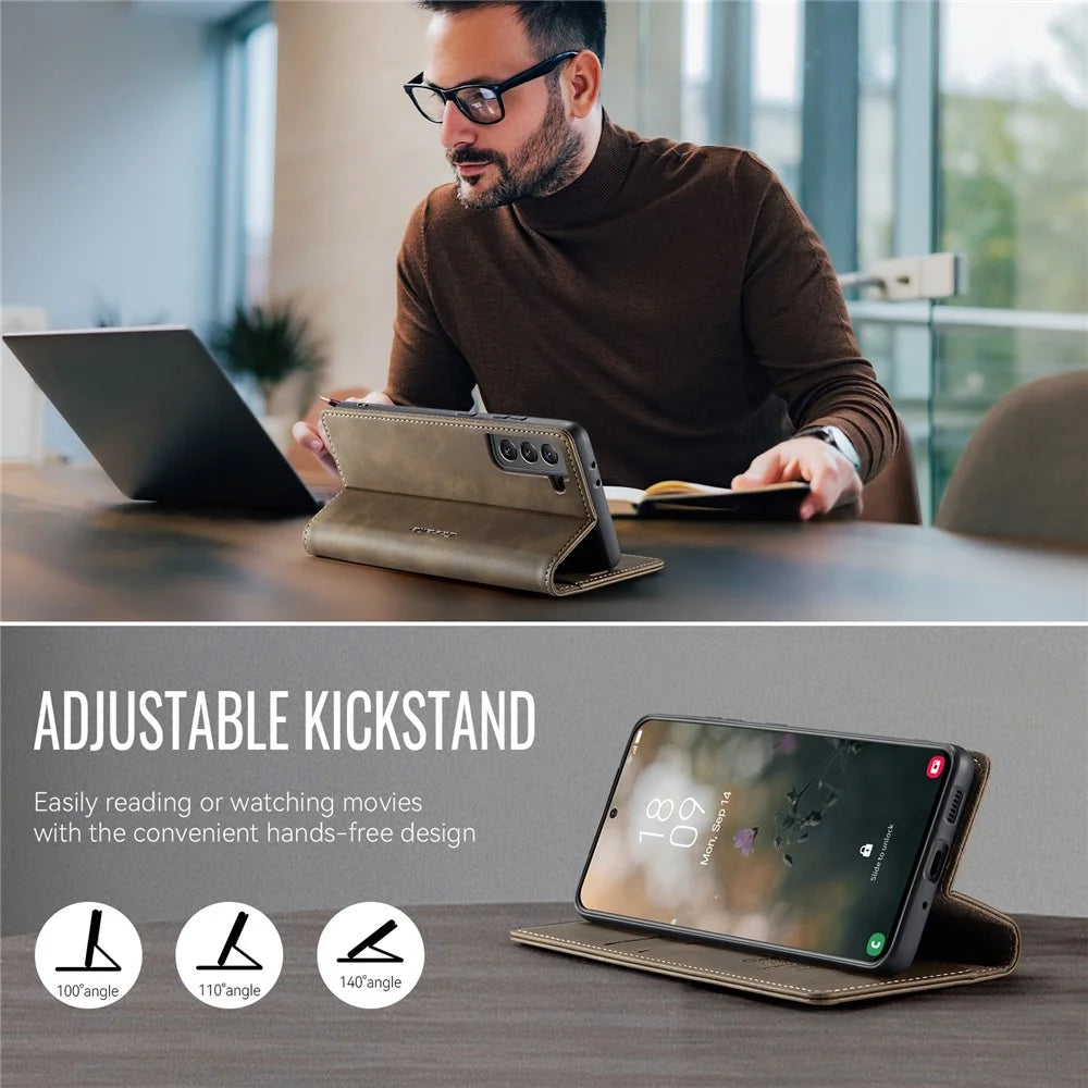 CASEME For Samsung Galaxy S21 5G Case  033 Series RFID Blocking Wallet Stand Calf Texture Leather Phone Cover - Coffee - 5