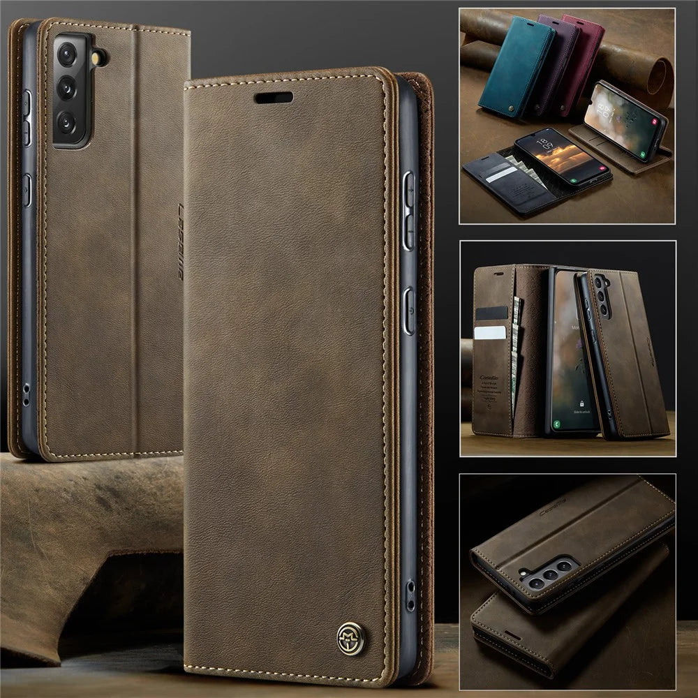 CASEME For Samsung Galaxy S21 5G Case  033 Series RFID Blocking Wallet Stand Calf Texture Leather Phone Cover - Coffee - 7