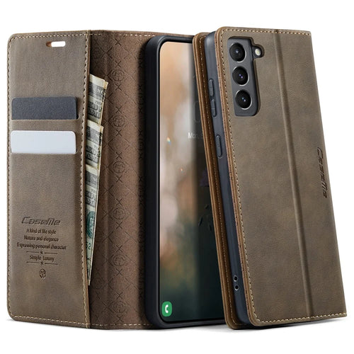CASEME For Samsung Galaxy S21 FE 5G Case  033 Series RFID Blocking Wallet Stand Calf Texture Leather Phone Cover - Coffee - 1