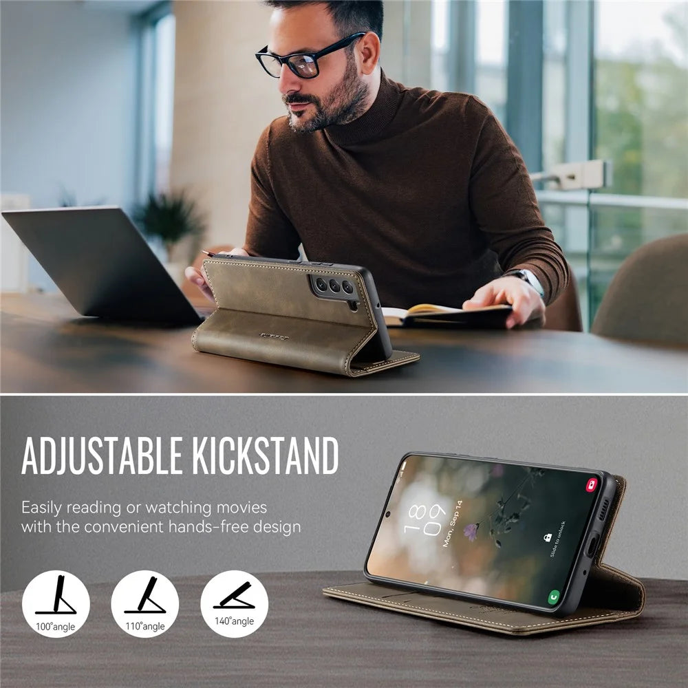 CASEME For Samsung Galaxy S21 FE 5G Case  033 Series RFID Blocking Wallet Stand Calf Texture Leather Phone Cover - Coffee - 5