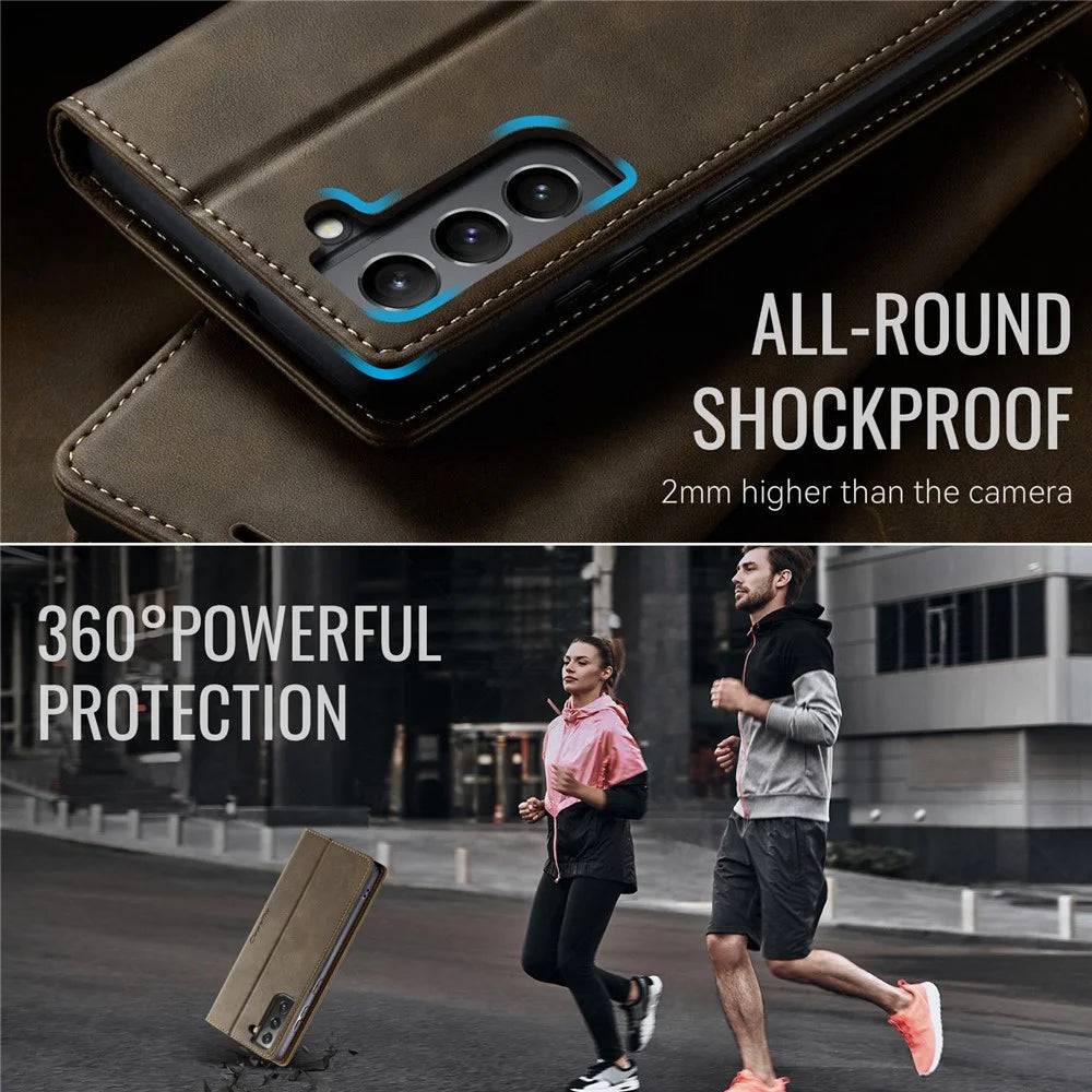 CASEME For Samsung Galaxy S21 FE 5G Case  033 Series RFID Blocking Wallet Stand Calf Texture Leather Phone Cover - Coffee - 6