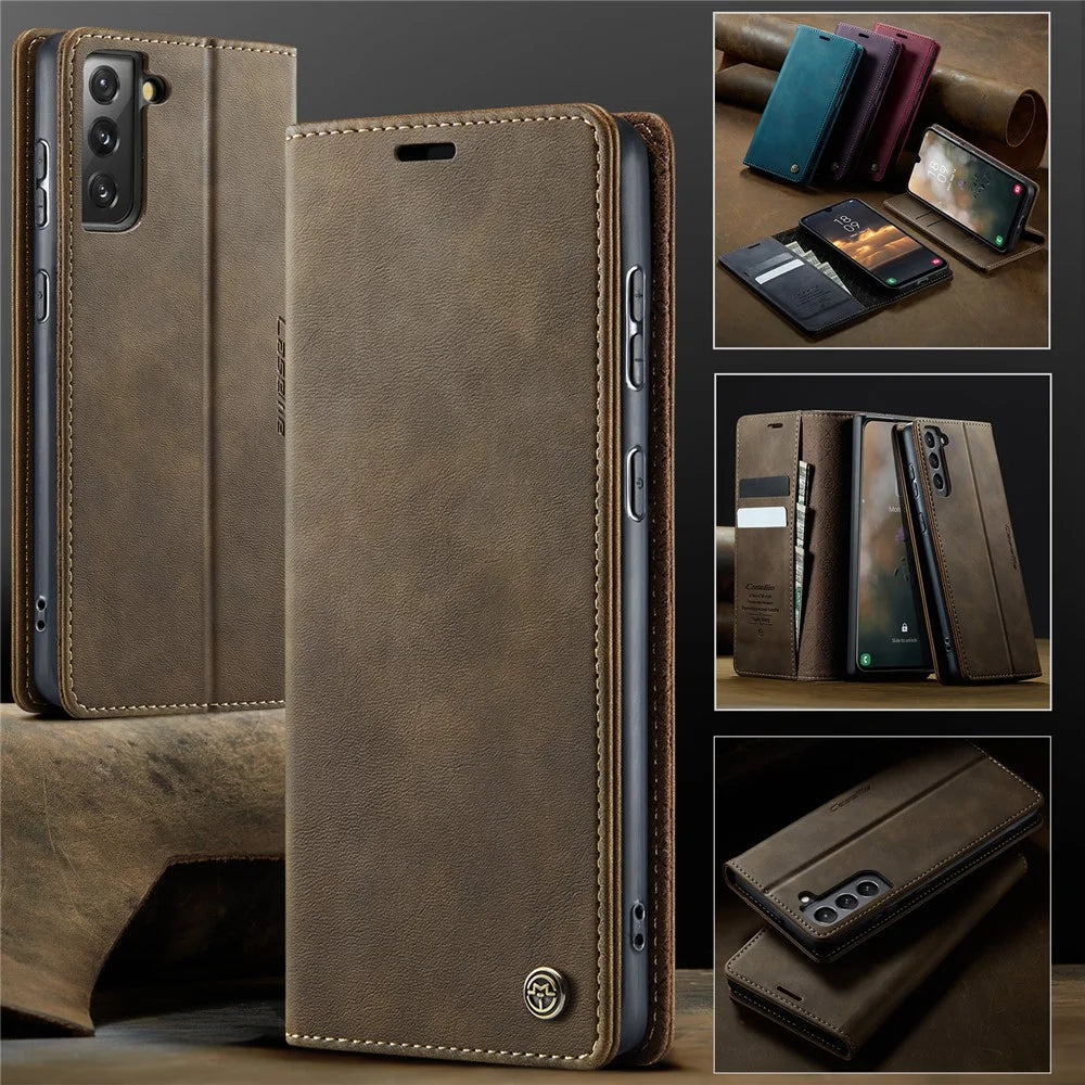 CASEME For Samsung Galaxy S21 FE 5G Case  033 Series RFID Blocking Wallet Stand Calf Texture Leather Phone Cover - Coffee - 7