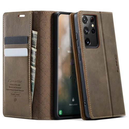 CASEME For Samsung Galaxy S21 Ultra 5G Case  033 Series RFID Blocking Wallet Stand Calf Texture Leather Phone Cover - Coffee - 1