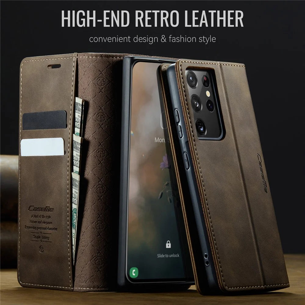 CASEME For Samsung Galaxy S21 Ultra 5G Case  033 Series RFID Blocking Wallet Stand Calf Texture Leather Phone Cover - Coffee - 4