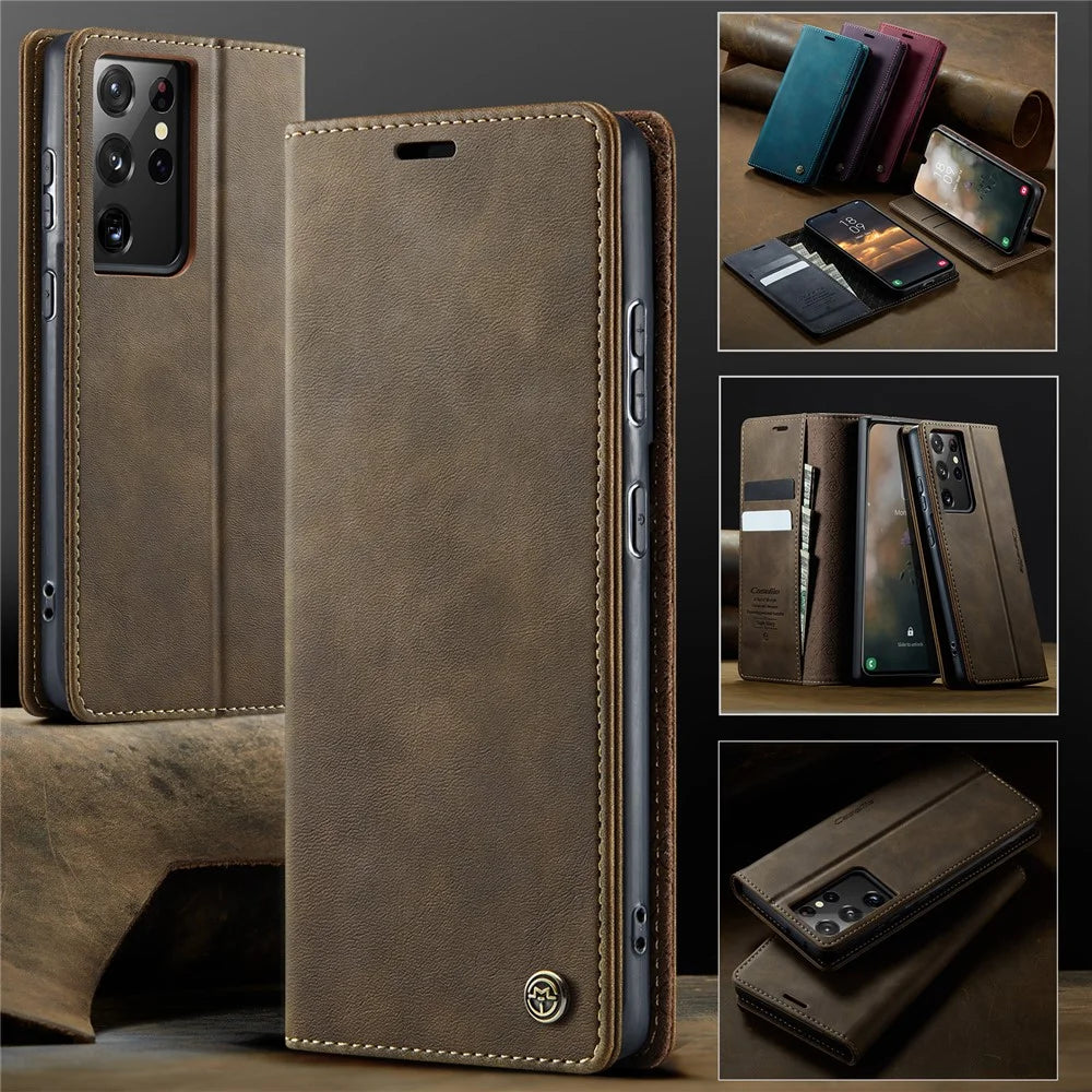 CASEME For Samsung Galaxy S21 Ultra 5G Case  033 Series RFID Blocking Wallet Stand Calf Texture Leather Phone Cover - Coffee - 7