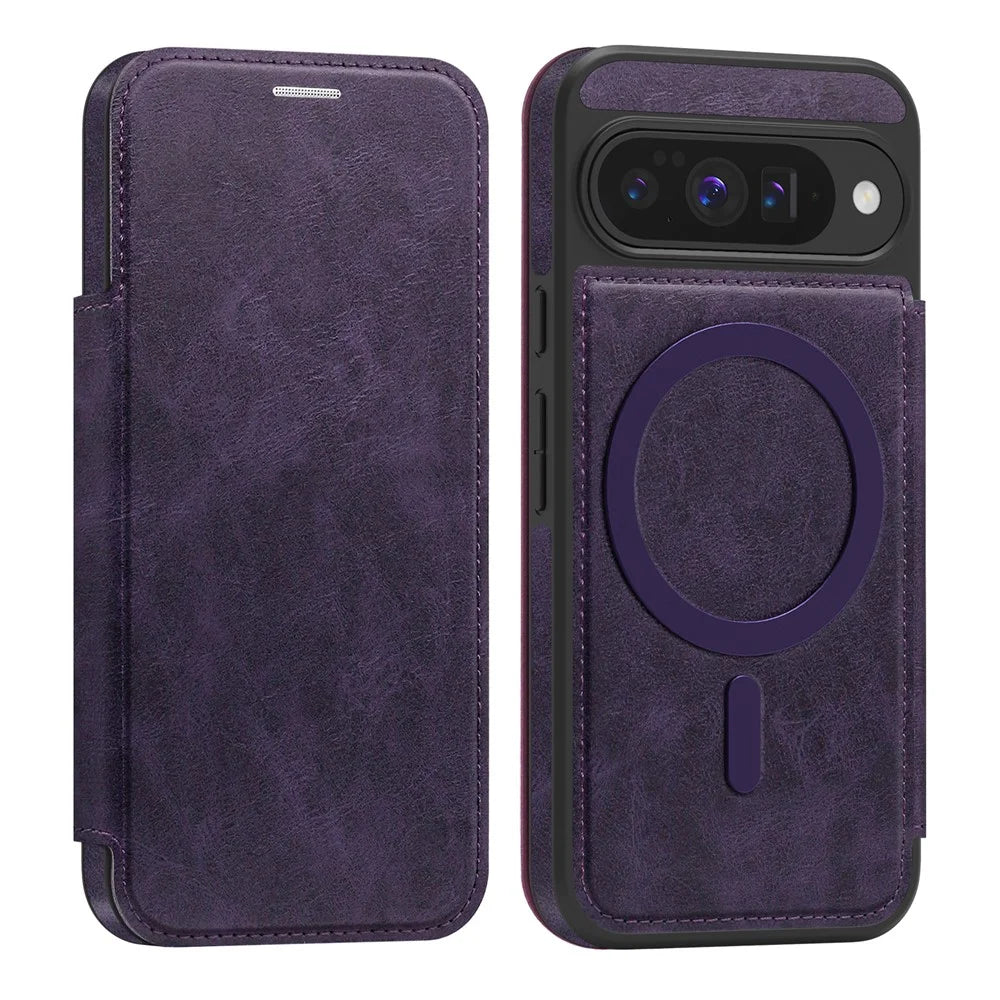 For Google Pixel 10 / 10 Pro Magnetic Case RFID Blocking Card Holder Leather Phone Cover - Dark Purple - 1