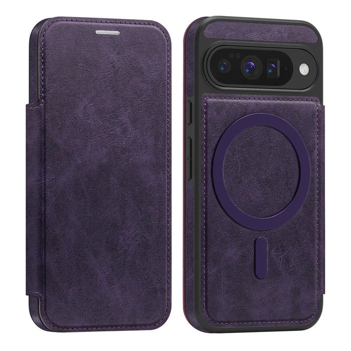 For Google Pixel 10 / 10 Pro Magnetic Case RFID Blocking Card Holder Leather Phone Cover - Dark Purple - 1