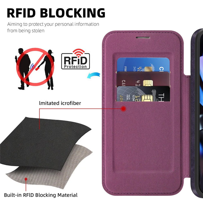 For Google Pixel 10 / 10 Pro Magnetic Case RFID Blocking Card Holder Leather Phone Cover - Dark Purple - 3