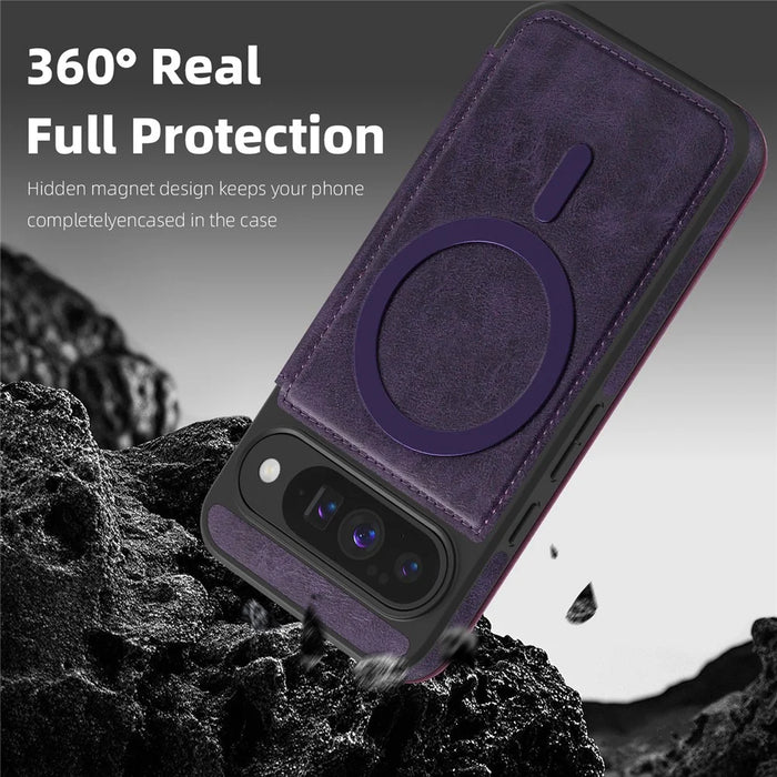 For Google Pixel 10 / 10 Pro Magnetic Case RFID Blocking Card Holder Leather Phone Cover - Dark Purple - 6