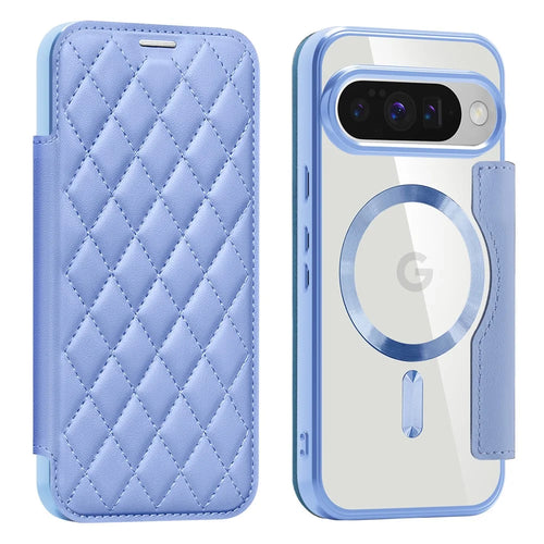 For Google Pixel 10 / 10 Pro Magnetic Case Rhombus PU Leather Phone Cover - Blue - 1