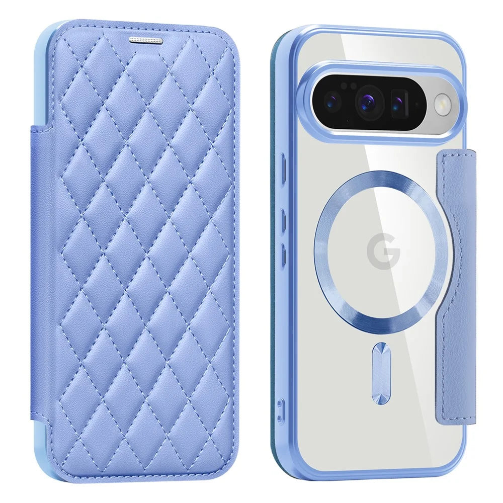 For Google Pixel 10 / 10 Pro Magnetic Case Rhombus PU Leather Phone Cover - Blue - 1