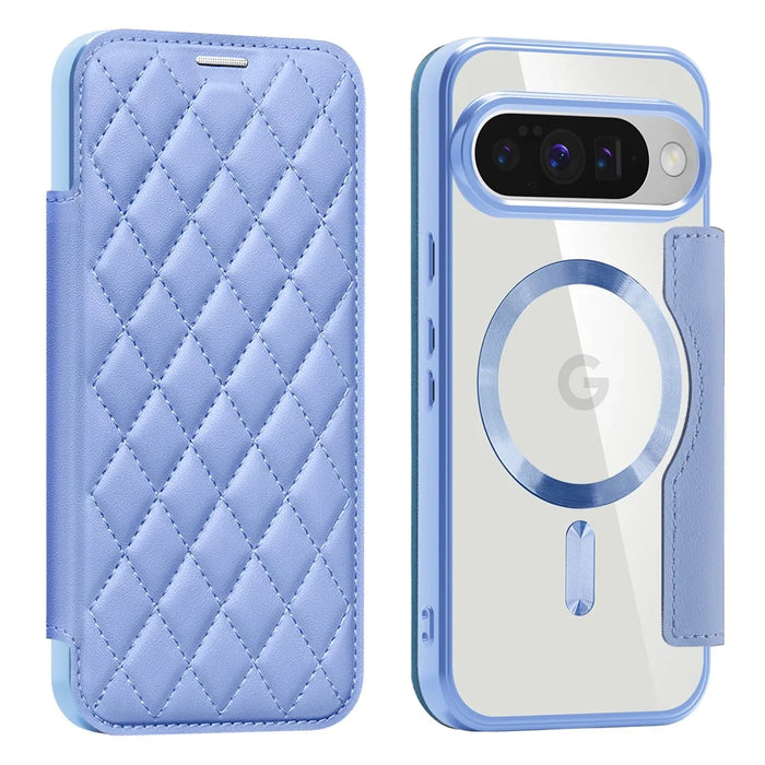 For Google Pixel 10 / 10 Pro Magnetic Case Rhombus PU Leather Phone Cover - Blue - 1