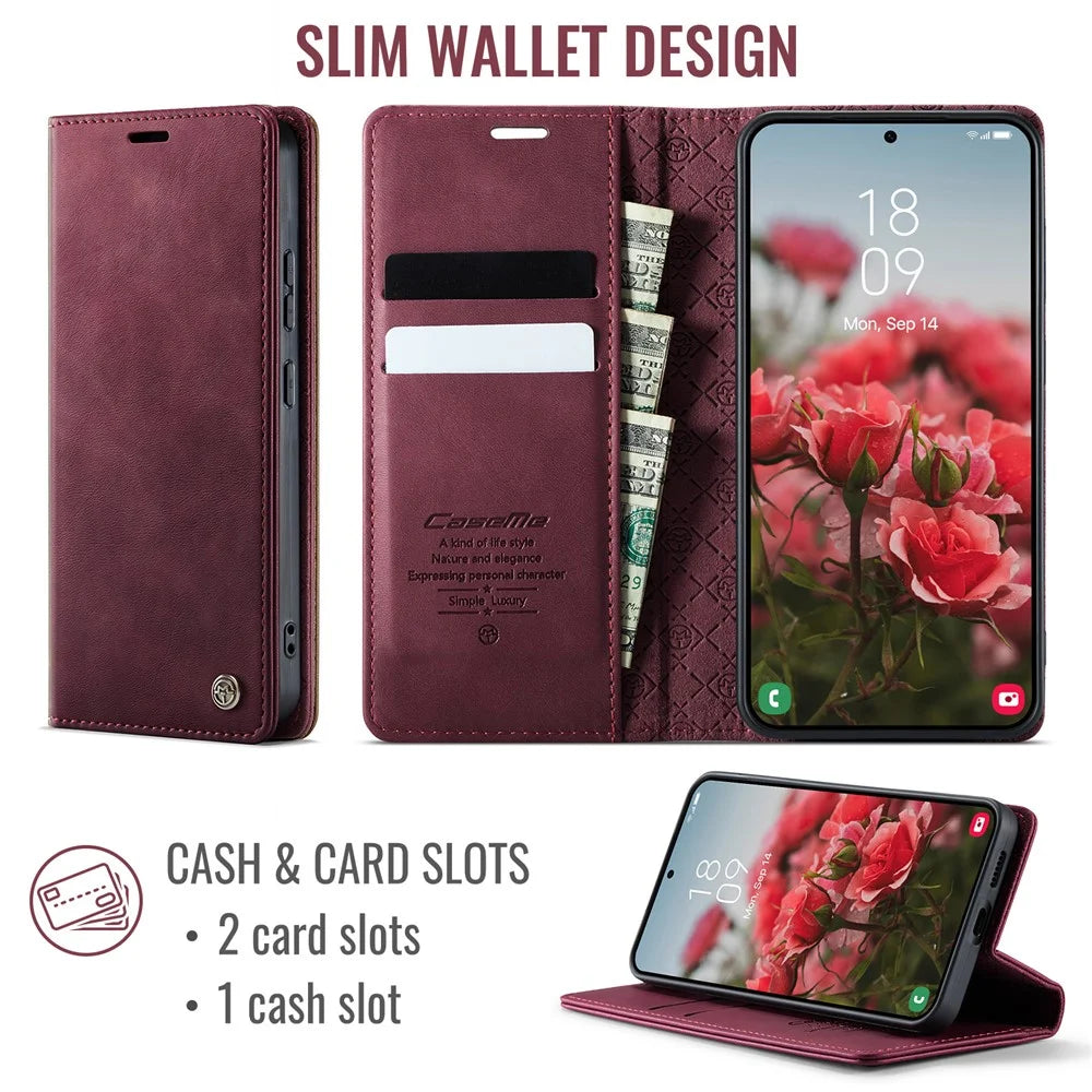 CASEME For Samsung Galaxy S22 5G Case  033 Series RFID Blocking Wallet Stand Calf Texture Leather Phone Cover - Red - 2