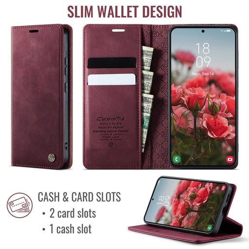 CASEME For Samsung Galaxy S22 5G Case  033 Series RFID Blocking Wallet Stand Calf Texture Leather Phone Cover - Red - 2